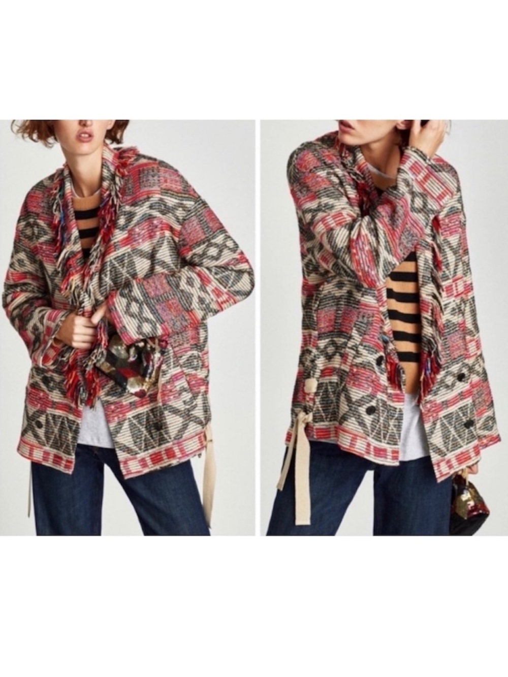 Zara Oversized Fringe Southwestern Jacket Aztec Print Knit Jacquard Coat Boho